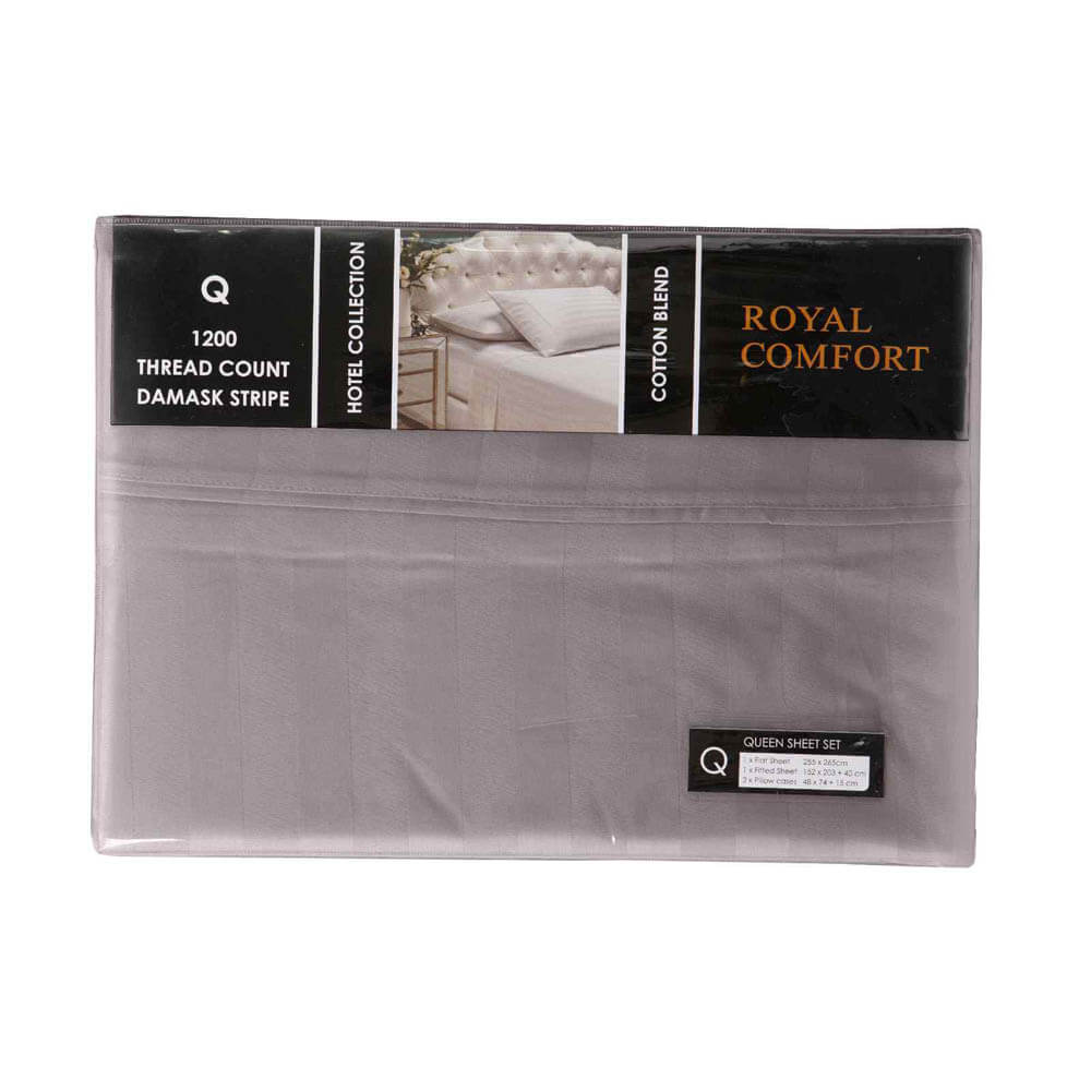 Royal Comfort 1200 Thread Count Damask Stripe Cotton Blend Sheet Set Queen Pewter